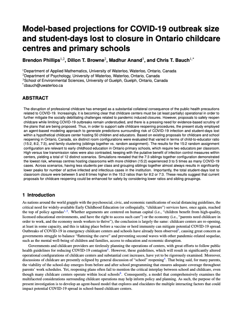Model-based projections for COVID-19 outbreak size and student-days lost to closure in Ontario childcare centres and primary schools - August 2020